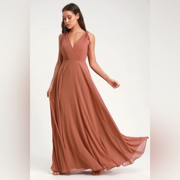 Lulus S Dusty Pink Flowy Maxi Dress Gown Deep V Low Back Bridesmaid Prom - Picture 10 of 14